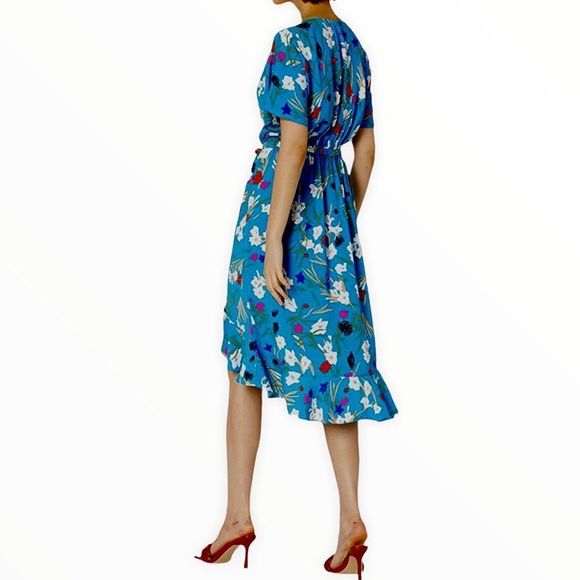 J Crew Mercantile Blue Floral Short Ruffle Sleeve. Faux Wrap Surplice Midi Dress - Picture 2 of 11